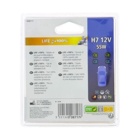 2 Ampoules Voiture H7 LIFE+100% 55W - MICHELIN - Feu de croisement, route, antibrouillard.