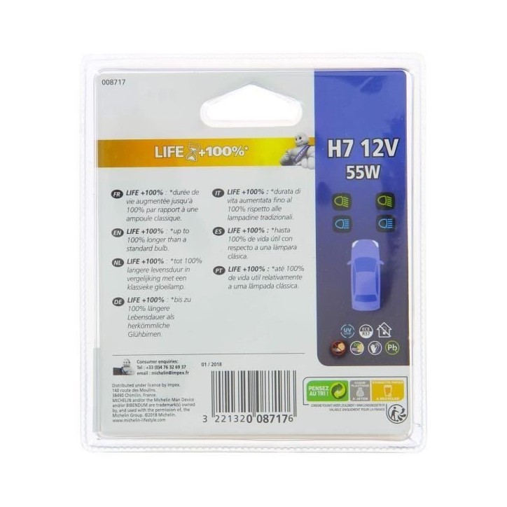 2 Ampoules Voiture H7 LIFE+100% 55W - MICHELIN - Feu de croisement, route, antibrouillard. 2 Ampoules Voiture H7 LIFE+100% 55W - MICHELIN - Feu de croisement, route, antibrouillard.