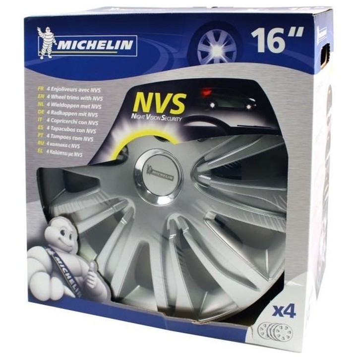 Lot de 4 enjoliveurs gris métallisés - MICHELIN - 16 pouces - Fixation simple par clips - NVS 42 pastille réflechissante Lot de 4 enjoliveurs gris métallisés - MICHELIN - 16 pouces - Fixation simple par clips - NVS 42 pastille réflechissante