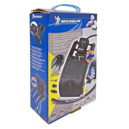 Pompe a Pied Double Piston manometre digital de 0.05 jusqu'a 7 bars- MICHELIN - Flexible nylon 60cm, embout laiton - psi, bar, k