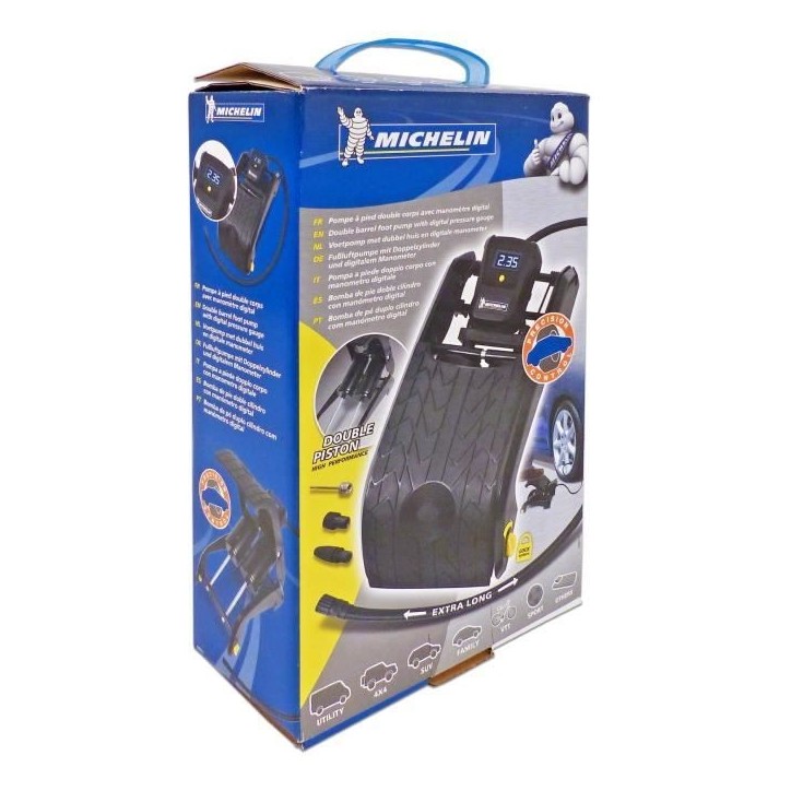 Pompe a Pied Double Piston manometre digital de 0.05 jusqu'a 7 bars- MICHELIN - Flexible nylon 60cm, embout laiton - psi, bar, k Pompe a Pied Double Piston manometre digital de 0.05 jusqu'a 7 bars- MICHELIN - Flexible nylon 60cm, embout laiton - psi, bar, k
