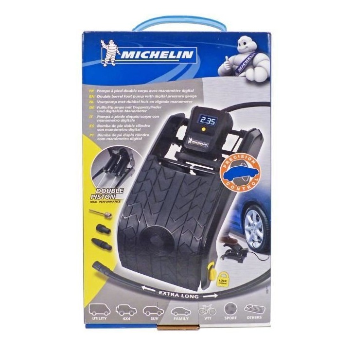 Pompe a Pied Double Piston manometre digital de 0.05 jusqu'a 7 bars- MICHELIN - Flexible nylon 60cm, embout laiton - psi, bar, k Pompe a Pied Double Piston manometre digital de 0.05 jusqu'a 7 bars- MICHELIN - Flexible nylon 60cm, embout laiton - psi, bar, k