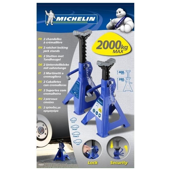 Chandelles a crémaillere Maxi 2 T hauteur 280 a 415mm - MICHELIN - Blocage facile et rapide avec levier + goupille de sécurit Chandelles a crémaillere Maxi 2 T hauteur 280 a 415mm - MICHELIN - Blocage facile et rapide avec levier + goupille de sécurit