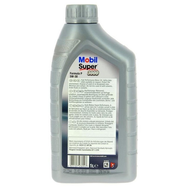Huile moteur 5W-30 Synthétique - MOBIL - Super 3000 - Formula-P -bidon 1L - haute performance - ACEA C2 - API SN Huile moteur 5W-30 Synthétique - MOBIL - Super 3000 - Formula-P -bidon 1L - haute performance - ACEA C2 - API SN