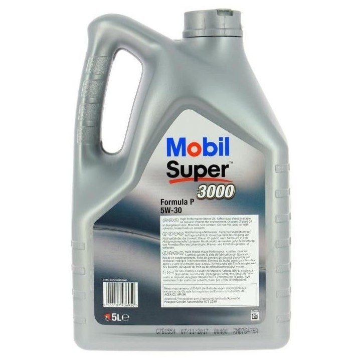 Huile moteur 5W-30 Synthétique - MOBIL - Super 3000 - Formula-P -bidon 5L - haute performance - ACEA C2 - API SN Huile moteur 5W-30 Synthétique - MOBIL - Super 3000 - Formula-P -bidon 5L - haute performance - ACEA C2 - API SN