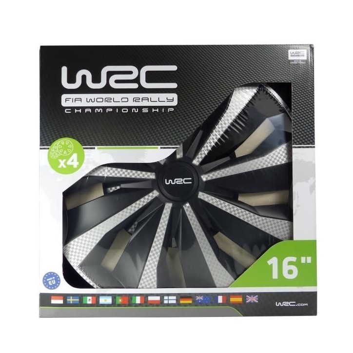 Lot de 4 Enjoliveurs 16 pouces - WRC - Bicolor noir & Carbon Style - facile a installer Lot de 4 Enjoliveurs 16 pouces - WRC - Bicolor noir & Carbon Style - facile a installer