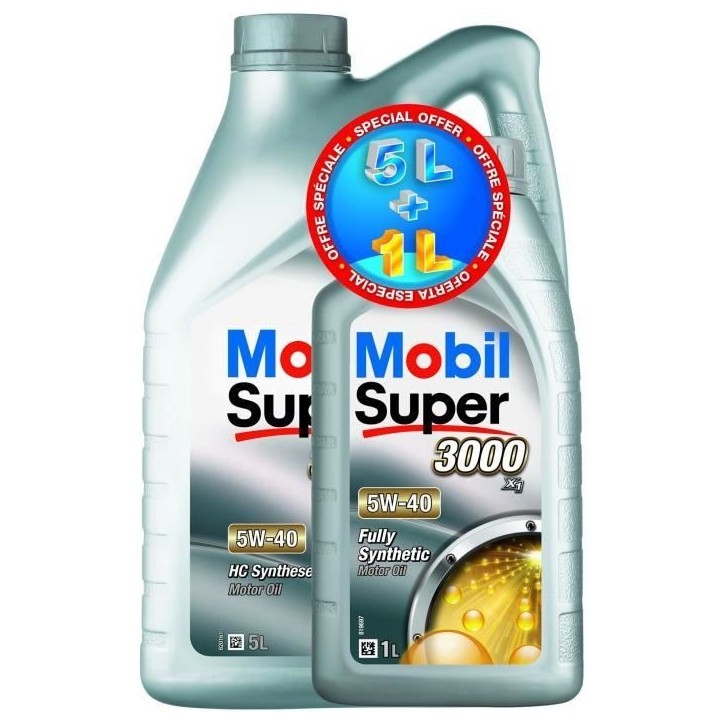 Huile moteur 5W40 Synthétique - MOBIL - Super 3000 - OFFRE SPECIALE : 5 L + 1L Huile moteur 5W40 Synthétique - MOBIL - Super 3000 - OFFRE SPECIALE : 5 L + 1L