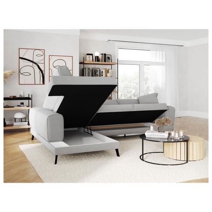Canapé d'angle gauche convertible IMPERIAL 5 places - Tissu gris clair - 2 coffres de rangement - L304 x P212 x H86 cm Canapé d'angle gauche convertible IMPERIAL 5 places - Tissu gris clair - 2 coffres de rangement - L304 x P212 x H86 cm