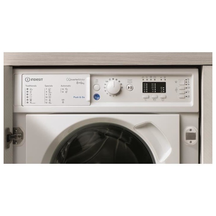Lave-linge séchant encastrable INDESIT - BIWDIL861485EU - 8 / 6 kg - Induction - L60cm - 1400 trs/min - Blanc Lave-linge séchant encastrable INDESIT - BIWDIL861485EU - 8 / 6 kg - Induction - L60cm - 1400 trs/min - Blanc