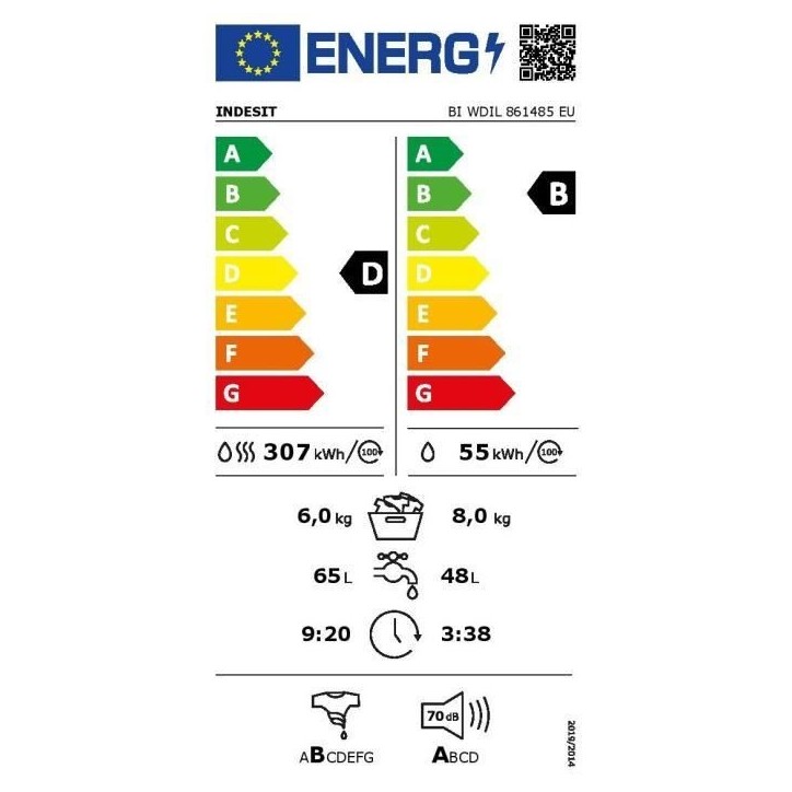 Lave-linge séchant encastrable INDESIT - BIWDIL861485EU - 8 / 6 kg - Induction - L60cm - 1400 trs/min - Blanc Lave-linge séchant encastrable INDESIT - BIWDIL861485EU - 8 / 6 kg - Induction - L60cm - 1400 trs/min - Blanc