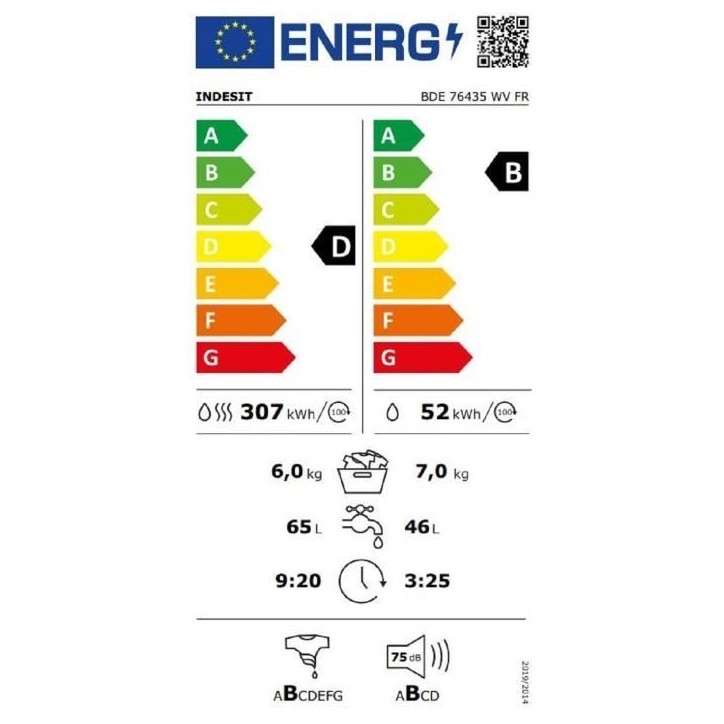 Lave-linge séchant INDESIT BDE76435WVFR - 7 / 6 kg - Induction - L60cm - 1400 trs/min - Blanc