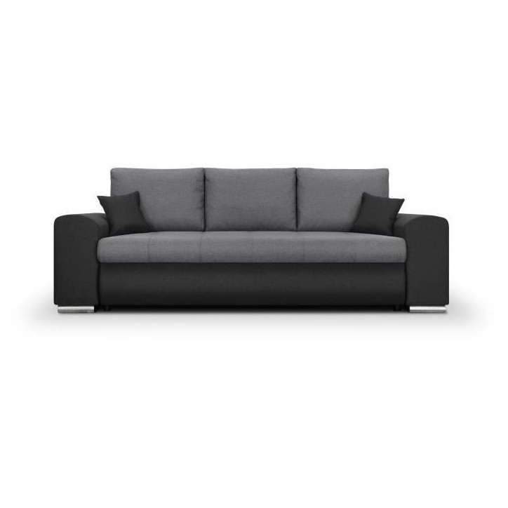 Canapé convertible avec coffre de rangement 3 places - INDIAN - Tissu bicolore gris / anthracite et pieds chrome - L250xH88xP98 Canapé convertible avec coffre de rangement 3 places - INDIAN - Tissu bicolore gris / anthracite et pieds chrome - L250xH88xP98