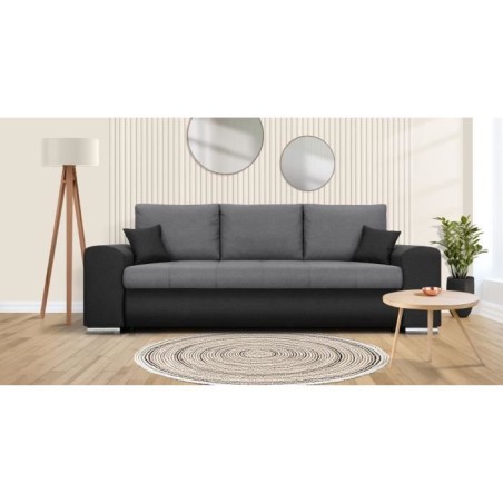 Canapé convertible avec coffre de rangement 3 places - INDIAN - Tissu bicolore gris / anthracite et pieds chrome - L250xH88xP98
