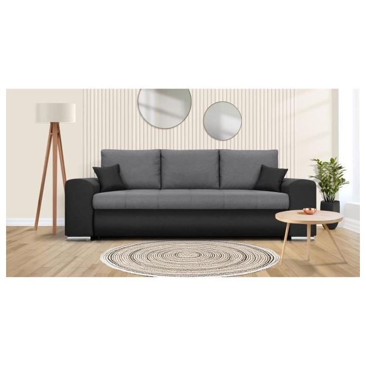 Canapé convertible avec coffre de rangement 3 places - INDIAN - Tissu bicolore gris / anthracite et pieds chrome - L250xH88xP98 Canapé convertible avec coffre de rangement 3 places - INDIAN - Tissu bicolore gris / anthracite et pieds chrome - L250xH88xP98