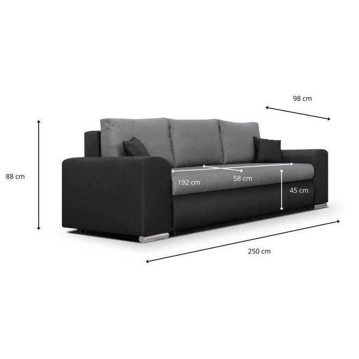 Canapé convertible avec coffre de rangement 3 places - INDIAN - Tissu bicolore gris / anthracite et pieds chrome - L250xH88xP98 Canapé convertible avec coffre de rangement 3 places - INDIAN - Tissu bicolore gris / anthracite et pieds chrome - L250xH88xP98