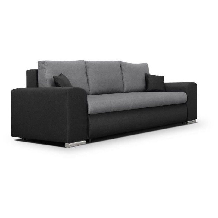 Canapé convertible avec coffre de rangement 3 places - INDIAN - Tissu bicolore gris / anthracite et pieds chrome - L250xH88xP98 Canapé convertible avec coffre de rangement 3 places - INDIAN - Tissu bicolore gris / anthracite et pieds chrome - L250xH88xP98