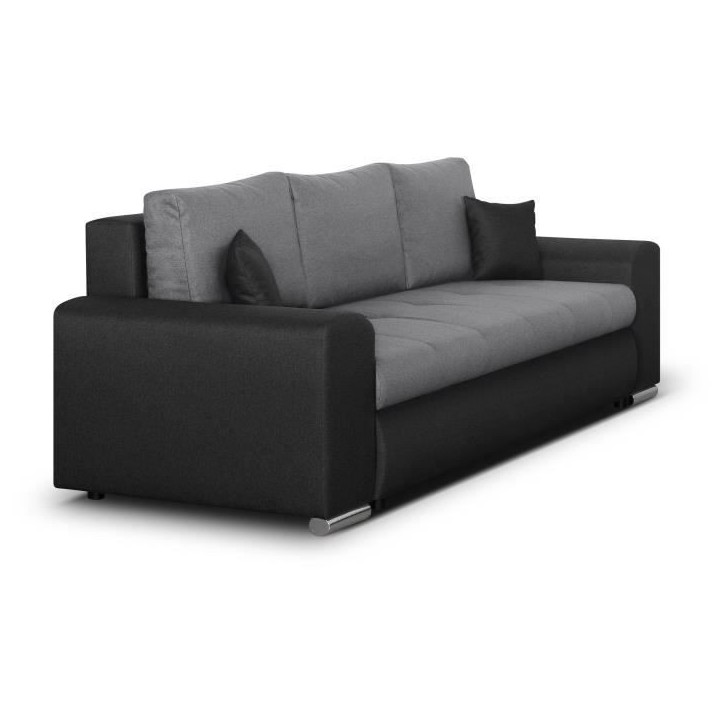 Canapé convertible avec coffre de rangement 3 places - INDIAN - Tissu bicolore gris / anthracite et pieds chrome - L250xH88xP98 Canapé convertible avec coffre de rangement 3 places - INDIAN - Tissu bicolore gris / anthracite et pieds chrome - L250xH88xP98