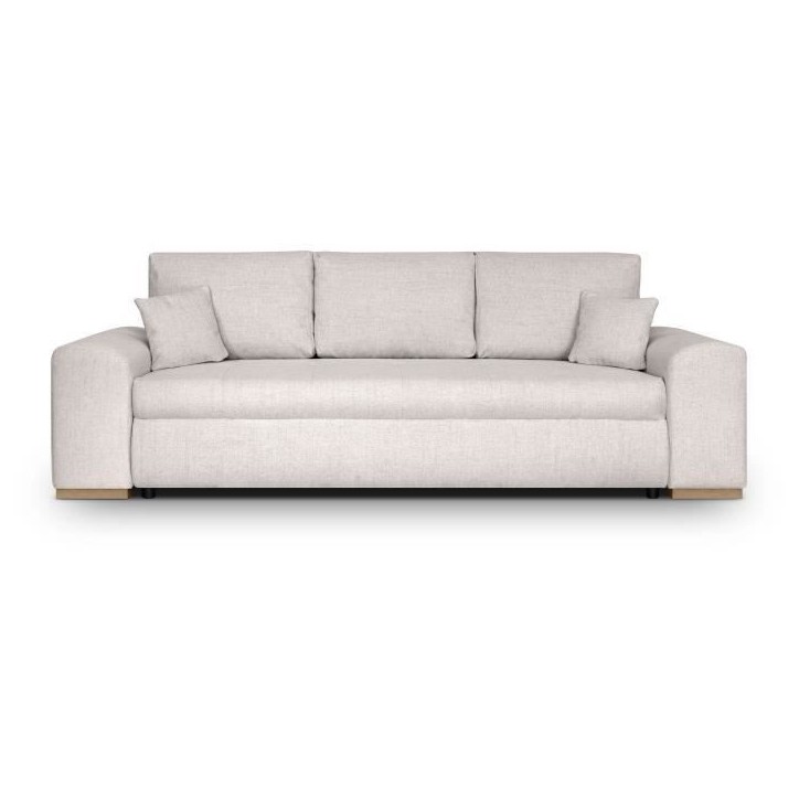 Canapé convertible avec coffre de rangement 3 places - INDIAN - Tissu beige et pieds bois - L250xH88xP98cm Canapé convertible avec coffre de rangement 3 places - INDIAN - Tissu beige et pieds bois - L250xH88xP98cm