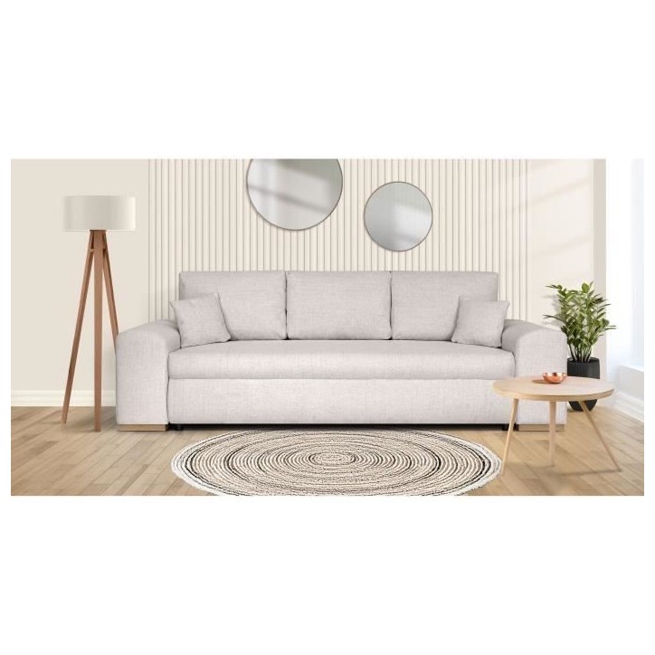 Canapé convertible avec coffre de rangement 3 places - INDIAN - Tissu beige et pieds bois - L250xH88xP98cm Canapé convertible avec coffre de rangement 3 places - INDIAN - Tissu beige et pieds bois - L250xH88xP98cm