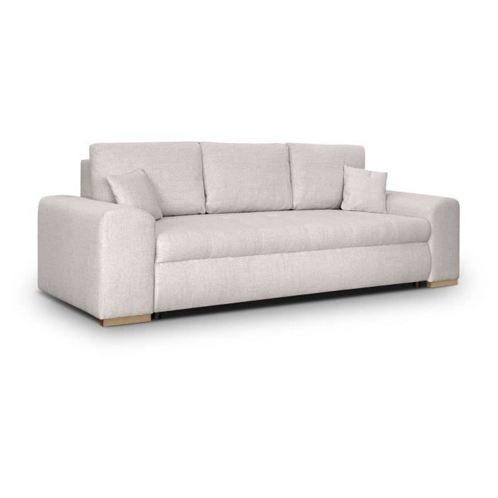 Canapé convertible avec coffre de rangement 3 places - INDIAN - Tissu beige et pieds bois - L250xH88xP98cm Canapé convertible avec coffre de rangement 3 places - INDIAN - Tissu beige et pieds bois - L250xH88xP98cm
