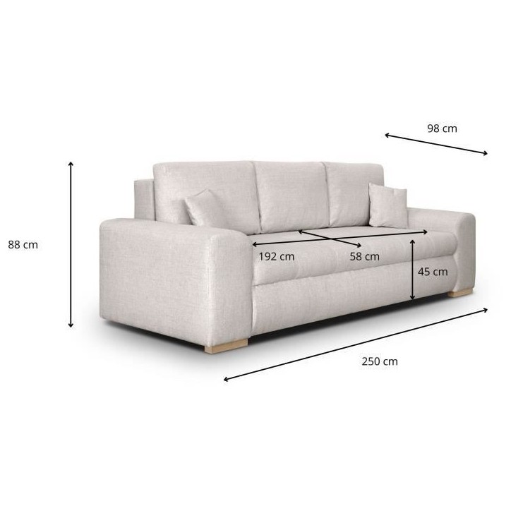 Canapé convertible avec coffre de rangement 3 places - INDIAN - Tissu beige et pieds bois - L250xH88xP98cm Canapé convertible avec coffre de rangement 3 places - INDIAN - Tissu beige et pieds bois - L250xH88xP98cm