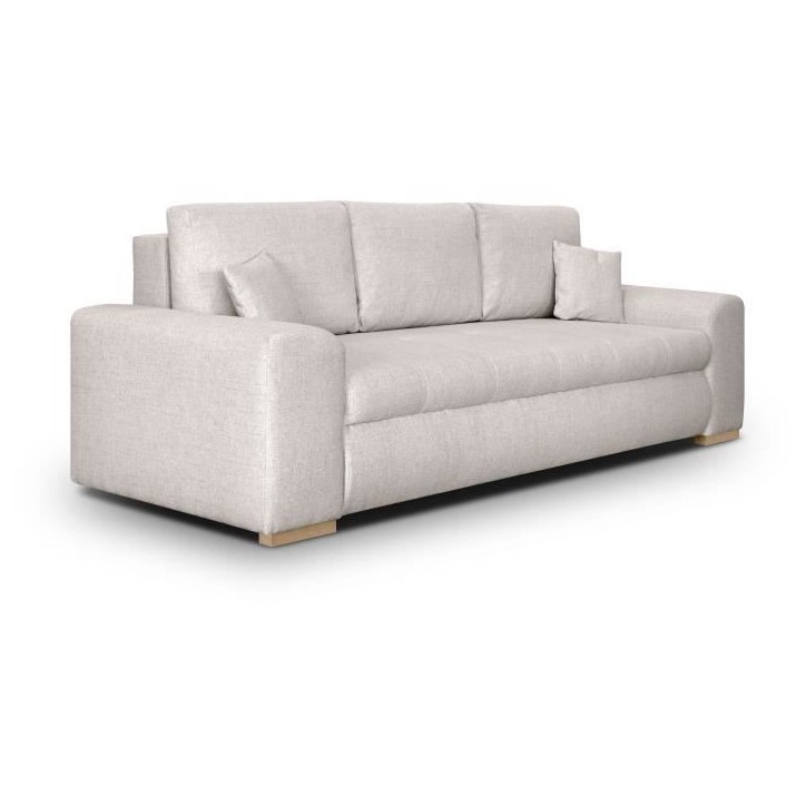 Canapé convertible avec coffre de rangement 3 places - INDIAN - Tissu beige et pieds bois - L250xH88xP98cm Canapé convertible avec coffre de rangement 3 places - INDIAN - Tissu beige et pieds bois - L250xH88xP98cm