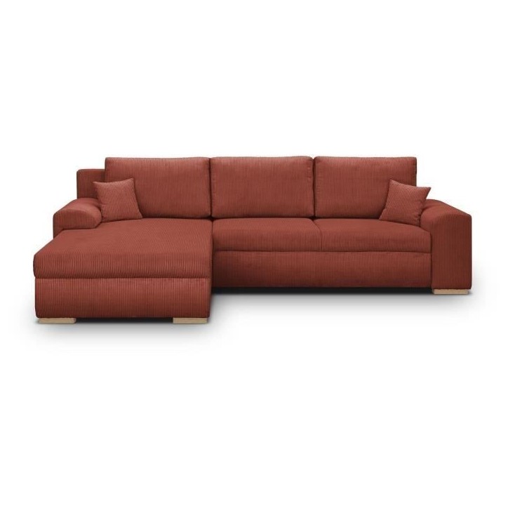 Canapé d'angle convertible - 5 places - INDIAN - Tissu velours côtelé Rouille - Coffre de rangement - 289 x 94/188 x 88 cm Canapé d'angle convertible - 5 places - INDIAN - Tissu velours côtelé Rouille - Coffre de rangement - 289 x 94/188 x 88 cm