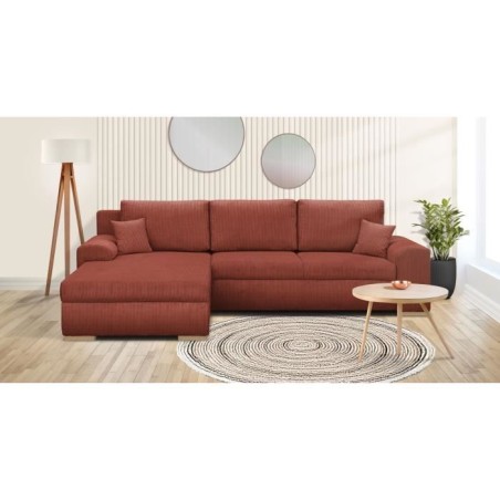 Canapé d'angle convertible - 5 places - INDIAN - Tissu velours côtelé Rouille - Coffre de rangement - 289 x 94/188 x 88 cm