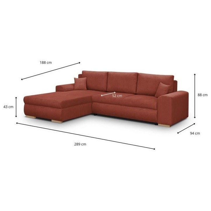 Canapé d'angle convertible - 5 places - INDIAN - Tissu velours côtelé Rouille - Coffre de rangement - 289 x 94/188 x 88 cm Canapé d'angle convertible - 5 places - INDIAN - Tissu velours côtelé Rouille - Coffre de rangement - 289 x 94/188 x 88 cm