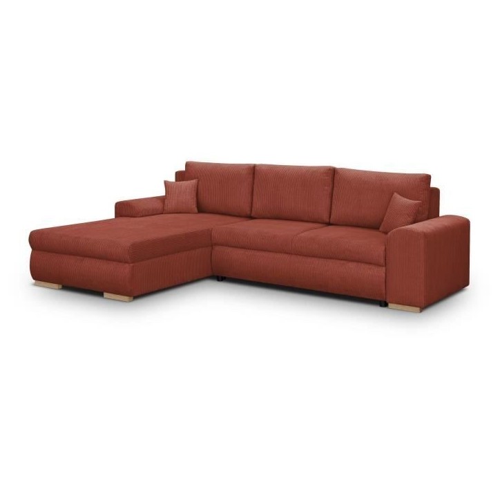 Canapé d'angle convertible - 5 places - INDIAN - Tissu velours côtelé Rouille - Coffre de rangement - 289 x 94/188 x 88 cm Canapé d'angle convertible - 5 places - INDIAN - Tissu velours côtelé Rouille - Coffre de rangement - 289 x 94/188 x 88 cm