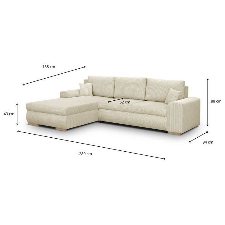 Canapé d'angle convertible - 5 places - INDIAN - Tissu velours côtelé Beige - Coffre de rangement - 289 x 94/188 x 88 cm Canapé d'angle convertible - 5 places - INDIAN - Tissu velours côtelé Beige - Coffre de rangement - 289 x 94/188 x 88 cm