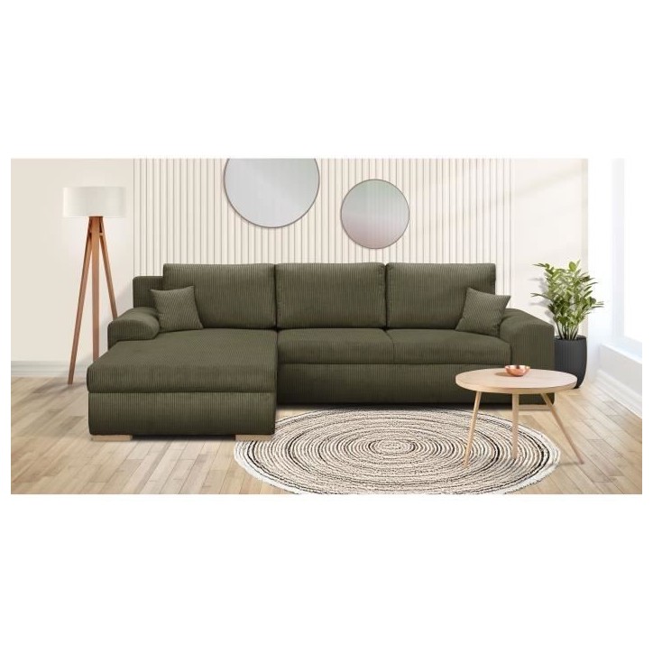 Canapé d'angle convertible - 5 places - INDIAN - Tissu velours côtelé Vert kaki - Coffre de rangement - 289 x 94/188 x 88 cm Canapé d'angle convertible - 5 places - INDIAN - Tissu velours côtelé Vert kaki - Coffre de rangement - 289 x 94/188 x 88 cm