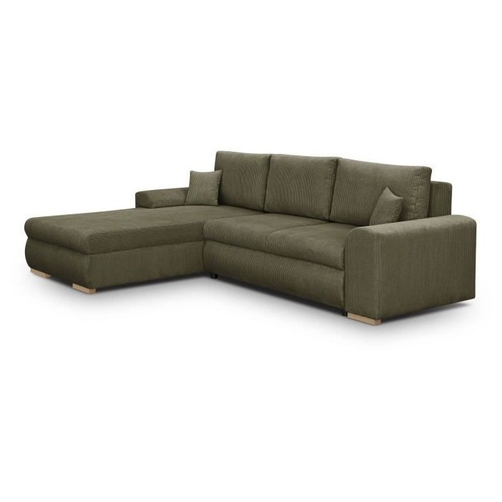 Canapé d'angle convertible - 5 places - INDIAN - Tissu velours côtelé Vert kaki - Coffre de rangement - 289 x 94/188 x 88 cm Canapé d'angle convertible - 5 places - INDIAN - Tissu velours côtelé Vert kaki - Coffre de rangement - 289 x 94/188 x 88 cm
