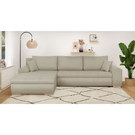 Canapé d'angle convertible réversible + coffre de rangement - Tissu Beige - L 289 x P 94/188 x H 88 cm - INDIAN