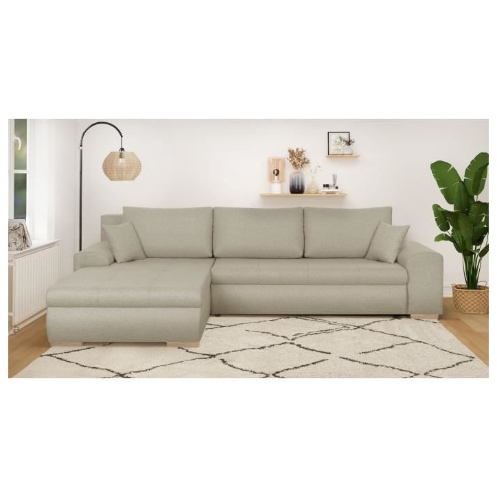 Canapé d'angle convertible réversible + coffre de rangement - Tissu Beige - L 289 x P 94/188 x H 88 cm - INDIAN Canapé d'angle convertible réversible + coffre de rangement - Tissu Beige - L 289 x P 94/188 x H 88 cm - INDIAN