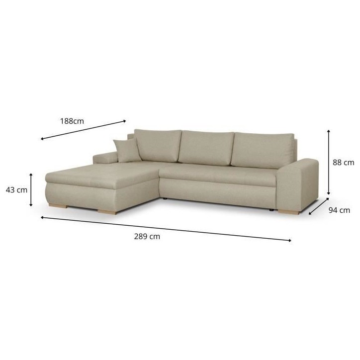 Canapé d'angle convertible réversible + coffre de rangement - Tissu Beige - L 289 x P 94/188 x H 88 cm - INDIAN Canapé d'angle convertible réversible + coffre de rangement - Tissu Beige - L 289 x P 94/188 x H 88 cm - INDIAN