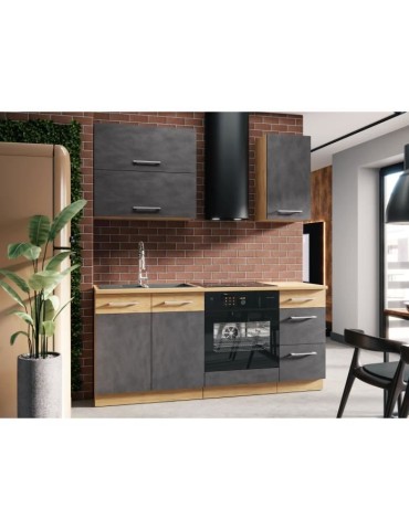 Cuisine complete ROCK L180 cm - 5 éléments + meuble four - Mélaminé décor chene lancelot et gris matera - Plan de travail n