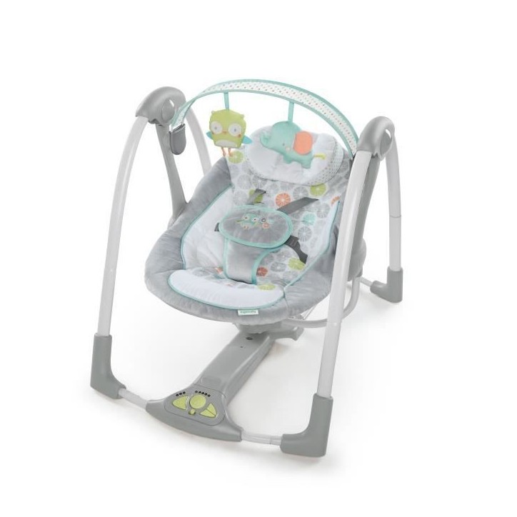 INGENUITY balancelle électrique pliable Swing and Go Hugs & Hoots- Cadeau Noel bébé, 5 vitesses de balancement, mélodies