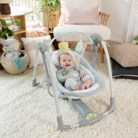 INGENUITY balancelle électrique pliable Swing and Go Hugs & Hoots- Cadeau Noel bébé, 5 vitesses de balancement, mélodies
