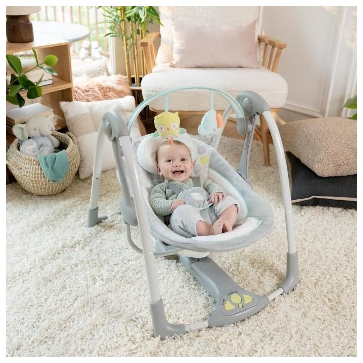 INGENUITY balancelle électrique pliable Swing and Go Hugs & Hoots- Cadeau Noel bébé, 5 vitesses de balancement, mélodies