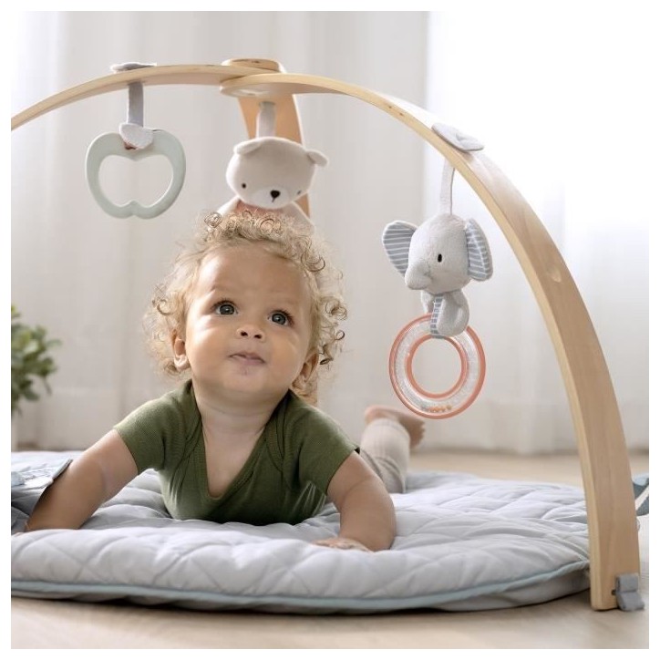 INGENUITY Tapis d'éveil réversible bébé évolutif - Loamy™ - pliable, arche de jeu en bois amovible, 5 jouets,Cadeau Noel