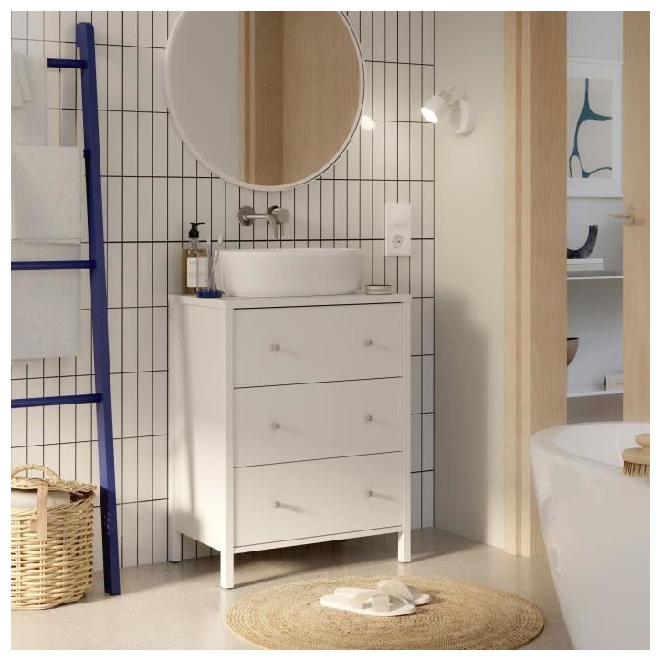 Meuble sous lavabo - Blanc - 3 tiroirs - L64 x P40 x H83 cm - IPSARION Meuble sous lavabo - Blanc - 3 tiroirs - L64 x P40 x H83 cm - IPSARION