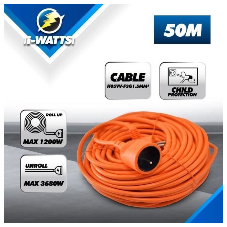 Allonge électrique - I-Watts - I-RAJ3G15-50M - 50 m - 3G1.5 - IP20 Allonge électrique - I-Watts - I-RAJ3G15-50M - 50 m - 3G1.5 - IP20