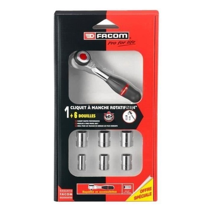 Cliquet 3/8 a Manche Rotatif 360° FACOM - J.360PACKPB (Livré avec 7 douilles) Cliquet 3/8 a Manche Rotatif 360° FACOM - J.360PACKPB (Livré avec 7 douilles)