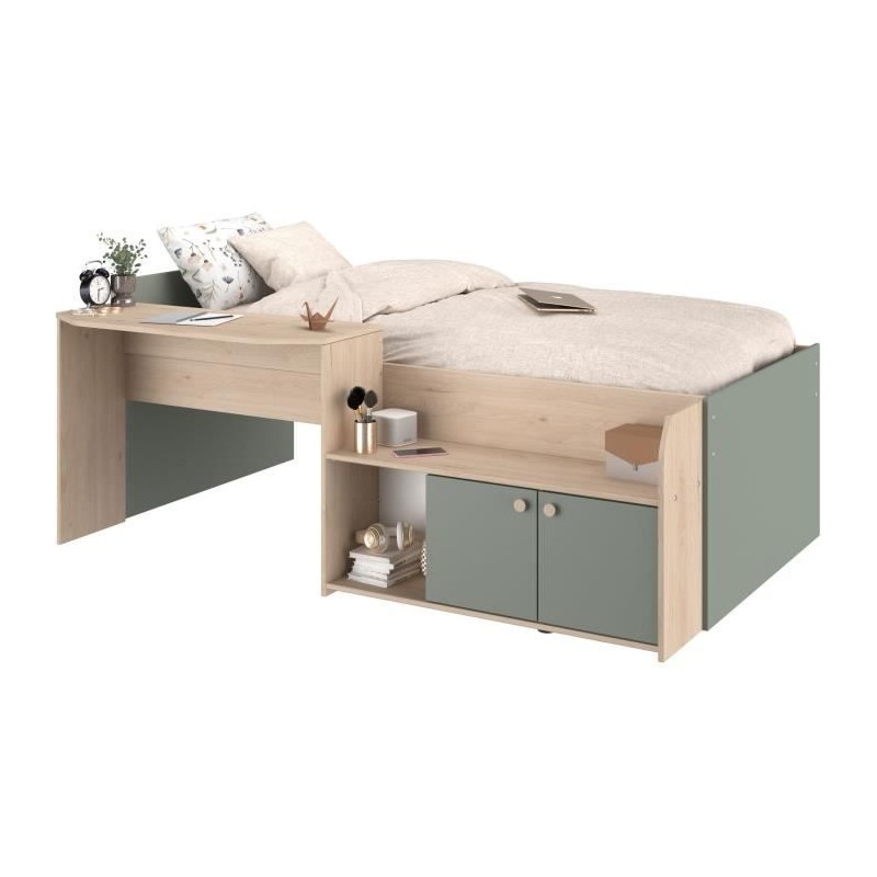 Lit combiné enfant 90x190/200 cm JADE - Chene / Vert céladon - Burea Lit combiné enfant 90x190/200 cm JADE - Chene / Vert céladon - Burea