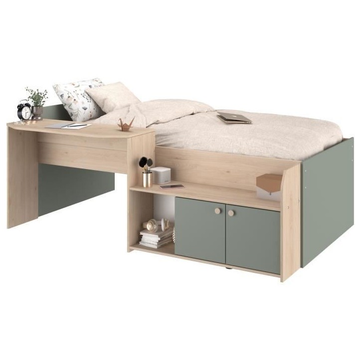 Lit combiné enfant 90x190/200 cm JADE - Chene / Vert céladon - Bureau et rangements - PARISOT Lit combiné enfant 90x190/200 cm JADE - Chene / Vert céladon - Bureau et rangements - PARISOT
