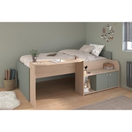 Lit combiné enfant 90x190/200 cm JADE - Chene / Vert céladon - Bureau et rangements - PARISOT