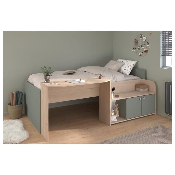 Lit combiné enfant 90x190/200 cm JADE - Chene / Vert céladon - Bureau et rangements - PARISOT Lit combiné enfant 90x190/200 cm JADE - Chene / Vert céladon - Bureau et rangements - PARISOT