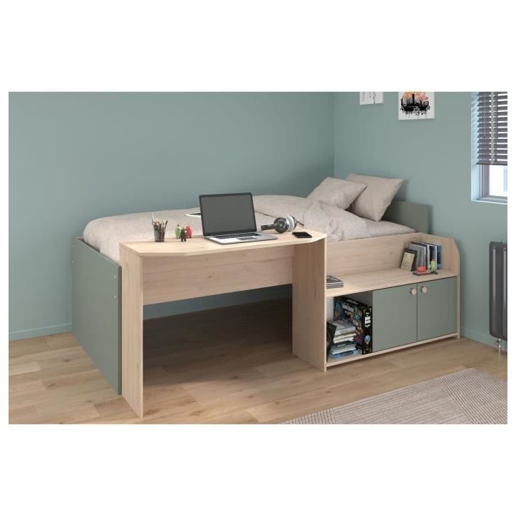 Lit combiné enfant 90x190/200 cm JADE - Chene / Vert céladon - Bureau et rangements - PARISOT Lit combiné enfant 90x190/200 cm JADE - Chene / Vert céladon - Bureau et rangements - PARISOT