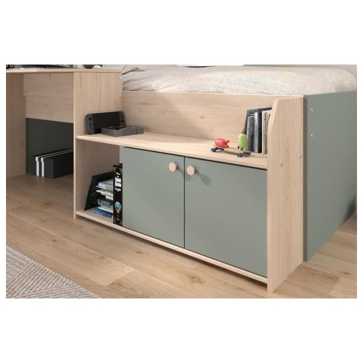 Lit combiné enfant 90x190/200 cm JADE - Chene / Vert céladon - Bureau et rangements - PARISOT Lit combiné enfant 90x190/200 cm JADE - Chene / Vert céladon - Bureau et rangements - PARISOT